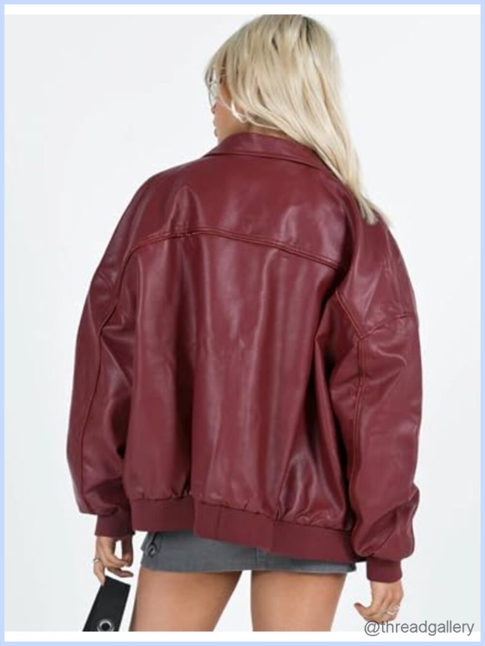 Women's Oversized Faux Leather Bomber Jacket Motorcycle Zip Up Coat - Picture 4 of 6
